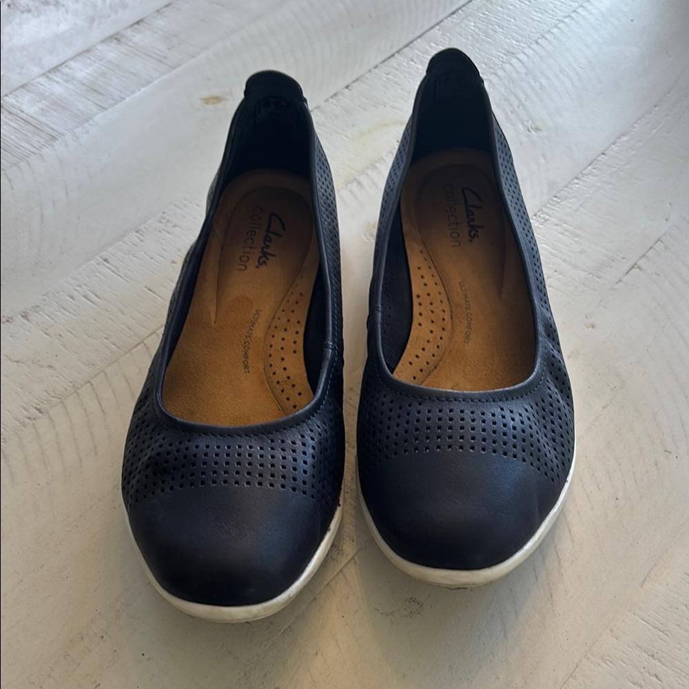 Clarks Navy Perforated Slip-On Leather Flats